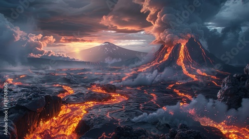 A volcano erupting on a distant planet, with a lava flow and smoke