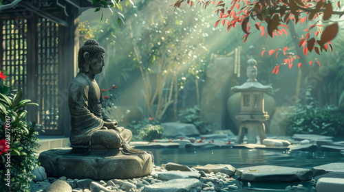 A statue of Buddha is sitting on a stone platform in front of a pond