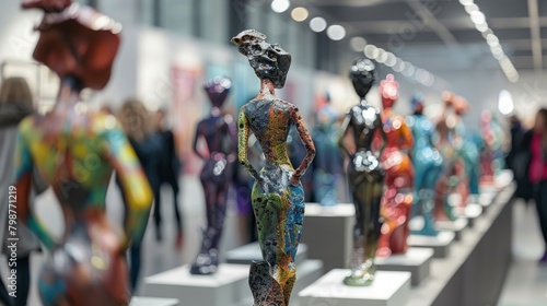 Colorful sculptures of women on display in an art gallery