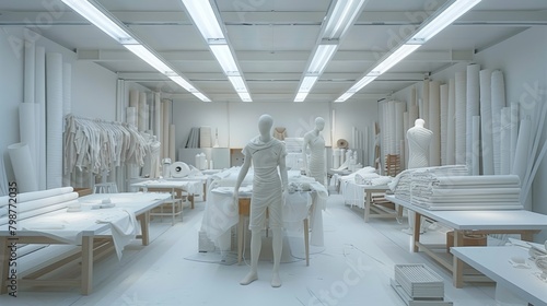 A large, bright, white room filled with mannequins and bolts of white fabric.