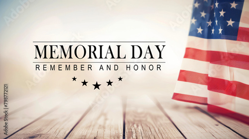 Warm-toned Memorial Day banner with a soft focus American flag and wooden plank backdrop