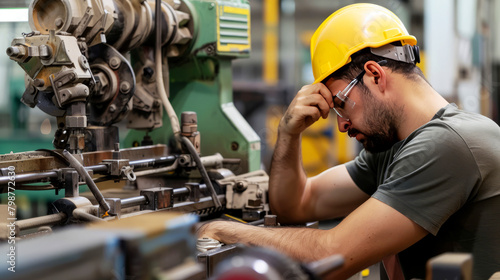 Exhausted Factory Worker Taking a Break During a Challenging Shift in Industrial Manufacturing