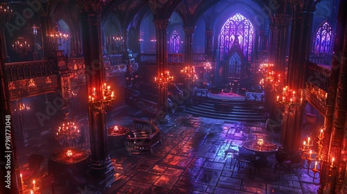 ornate gothic ballroom with red and blue lighting