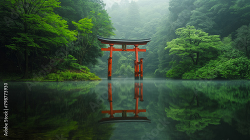 A serene image capturing a traditional Japanese Torii gate reflected on a mist-covered lake surrounded by lush greenery