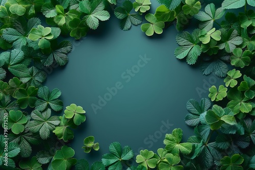 Vibrant green background with a natural frame of many fresh shamrock leaves, perfect for st. Patrick's day themes and spring designs