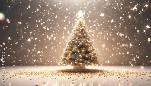 'tree. Christmas star 3d confetti rendering shining tree new year snow magic dust silver bright trail background dark black particle eve night gold snowflake card wonder blur bo'