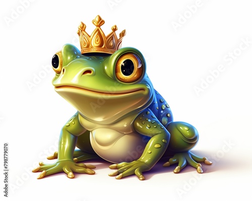 Animated style illustration of a fairy tale frog prince, whimsical and colorful, isolated on a white background with copy space