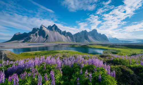 A picturesque landscape of Iceland's Stokksnes, showcasing the majestic Vestfjall mountain range in the background