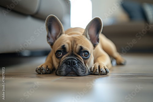French bulldog dog lying on the floor, closeup photo of a cute and sad puppy with beautiful eyes in a modern home environment, blurred background