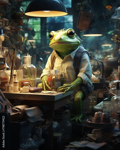 Frog in a laboratory setting, scientists studying amphibian biology, equipment and scientific tools in background, educational concept