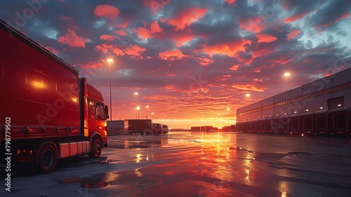 Sunset scene at a large distribution center with trucks loading and unloading, reflecting the dynamic world of supply chain management