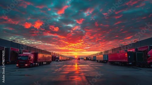 Sunset scene at a large distribution center with trucks loading and unloading, reflecting the dynamic world of supply chain management