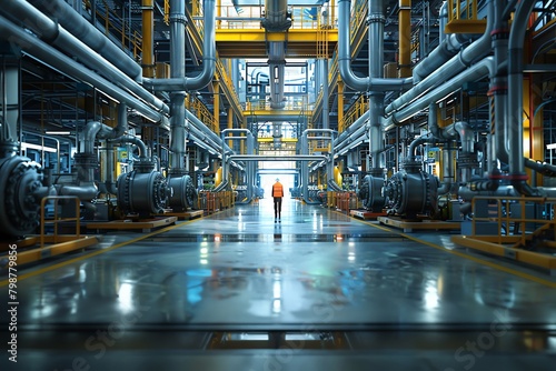 Utilize CG 3D rendering to craft a visually stunning scene depicting a Chemist in a state-of-the-art Chemical Industry facility Showcase the precision of pump systems and the labyrinthine layout of pi