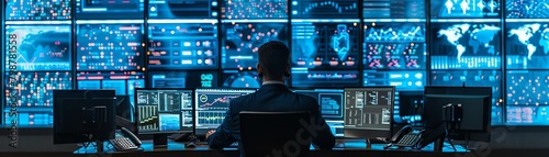 Advanced cybersecurity operations center protecting a financial institution from futuristic threats