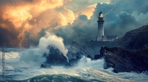 A lighthouse on a rocky coast is being pounded by large waves during a storm. The sky is dark and cloudy, and the waves are crashing against the rocks.