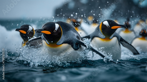 Black and white flightless birds, penguins, huddle on the icy shores of Antarctica