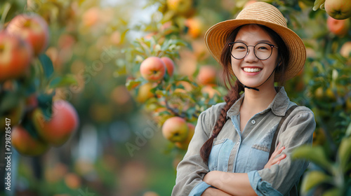 a smart 30's Japanese smart female farmer under straw hat standing in her Apple farm garden ,in the moment when her face look happy and laughing