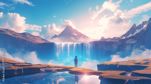 Kid stands in front of a waterfall in a beautiful mountain landscape, Fantasy wonder Background