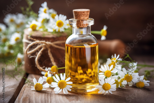 A bottle of Chamomile aromatherapy essential oil on natural background