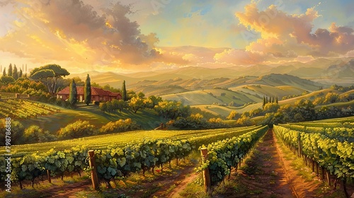This is an image of a sunset over a rural Italian landscape. There is a villa in the middle of a lush, green vineyard. There are trees and rolling hills in the background. The sky is a bright orange a