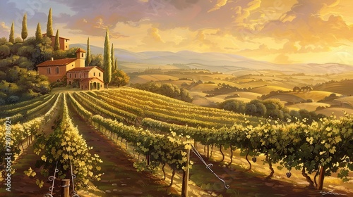 This is an image of a sunset over a rural Italian landscape. There is a villa in the middle of a lush, green vineyard. There are trees and rolling hills in the background. The sky is a bright orange a
