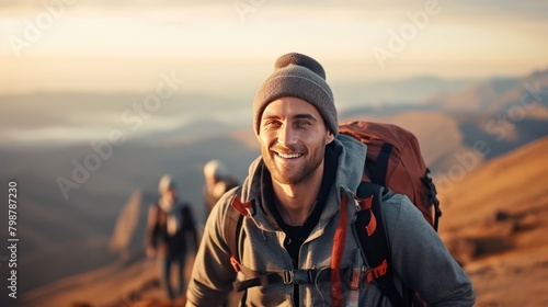smiling male traveler solo hiking the mountain UHD WALLPAPER