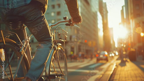 Close up of a man riding a bicycle in the city