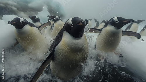 Black and white flightless birds, penguins, huddle on the icy shores of Antarctica