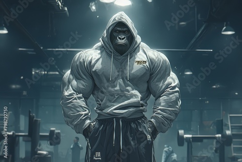 Extremely muscular gorilla wearing a grey hoodie and black tracksuit, posing in a dark gym/