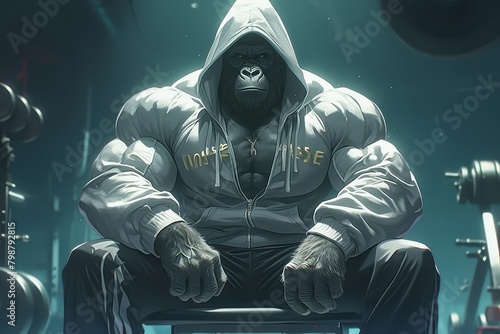Extremely muscular gorilla wearing a grey hoodie and black tracksuit, posing in a dark gym/