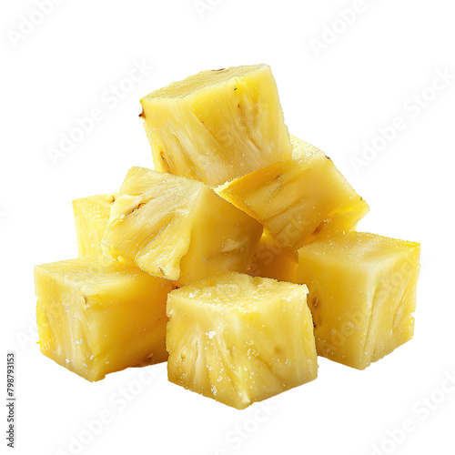 Pineapple or ananas cube slices isolated on white background. 