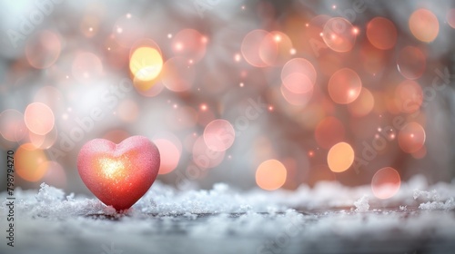 Red heart on snow with blurred lights background.