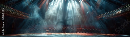 Atmospheric image of an empty theater stage lit by dramatic spotlights, casting shadows and creating an intense mood before a performance begins