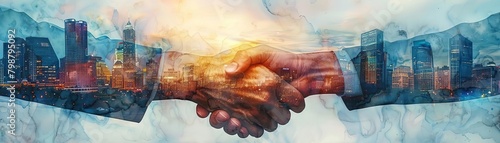 Atmospheric shot of a handshake captured with a city skyline in the background, highlighting the global nature of business deals and partnerships