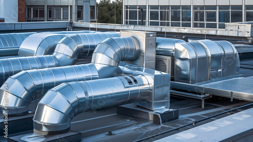 Les tuyaux d'air conditionné installés sur le toit d'un bâtiment.