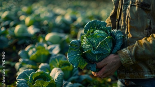 A man holding a cabbage in a field.