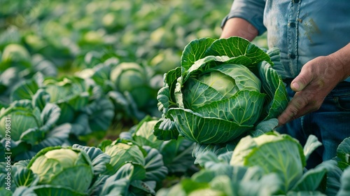 A man is holding a cabbage in a field.