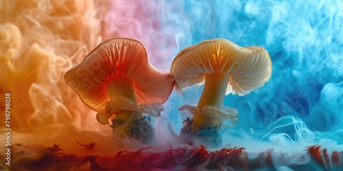 Two mushrooms are on colorful background with smoke in background