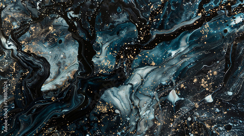 Moonlit forest marble ink drifting through a somber abstract setting, speckled with subdued glitters.