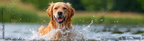 Closeup of a golden retriever splashing joyfully in a lake, capturing the quintessential summer joy of a dog cooling off on a hot day