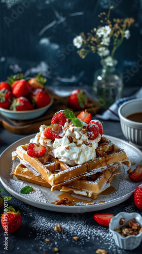 Belgian Waffle Symphony: Whipped Cream Crescendo with a Strawberry Serenade