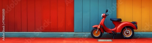 A bright red motorcycle parked on the city street adds a pop of color to the urban transportation scene