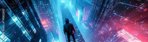 Craft a surreal scene of aerial digital dystopian dancers amidst towering skyscrapers and flickering holograms Blend abstract elements with hyper-realistic details to create a sense of heightened real