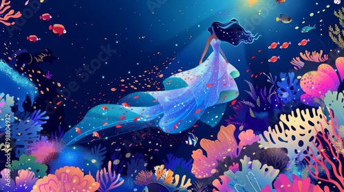 Show a majestic, iridescent mermaid gown flowing gracefully on a radiant model submerged in crystal-clear waters surrounded by vibrant coral reefs and exotic sea creatures
