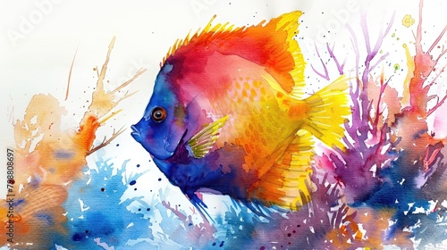 A watercolor painting of a bright orange angelfish swimming in a vibrant coral reef.