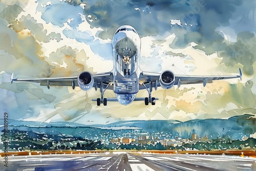 Dramatic perspective of an airplane taking off directly overhead, emphasizing the power and scale of modern aircraft as a cornerstone of the travel industry