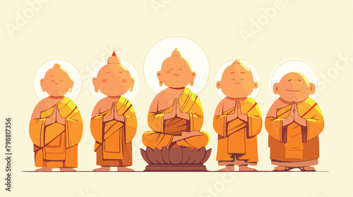 Buddhist monks praying to Buddha statue in holy rel