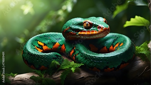 Digital Illustration, Emerald Tree Boa Coiled on Branch in Lush Greenery, Art Style: Realistic Wildlife Art, Art Inspirations: Wildlife Photographers on National Geographic, Camera: Canon EOS R5, Lens