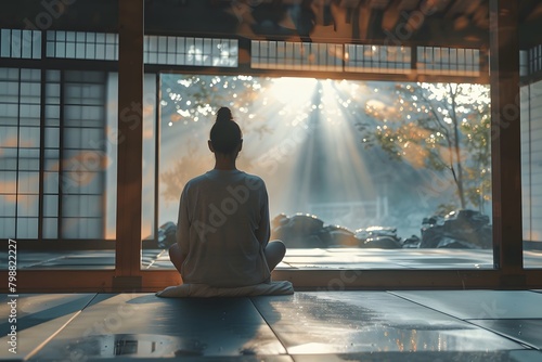 A person in a meditative pose, seated on a smooth wooden floor of a traditional room with sliding doors, basking in the serene rays of sunlight filtering through the foliage outside