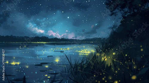 Liquid fireflies dance in the moonlight, painting the night sky with their soft, radiant glow.